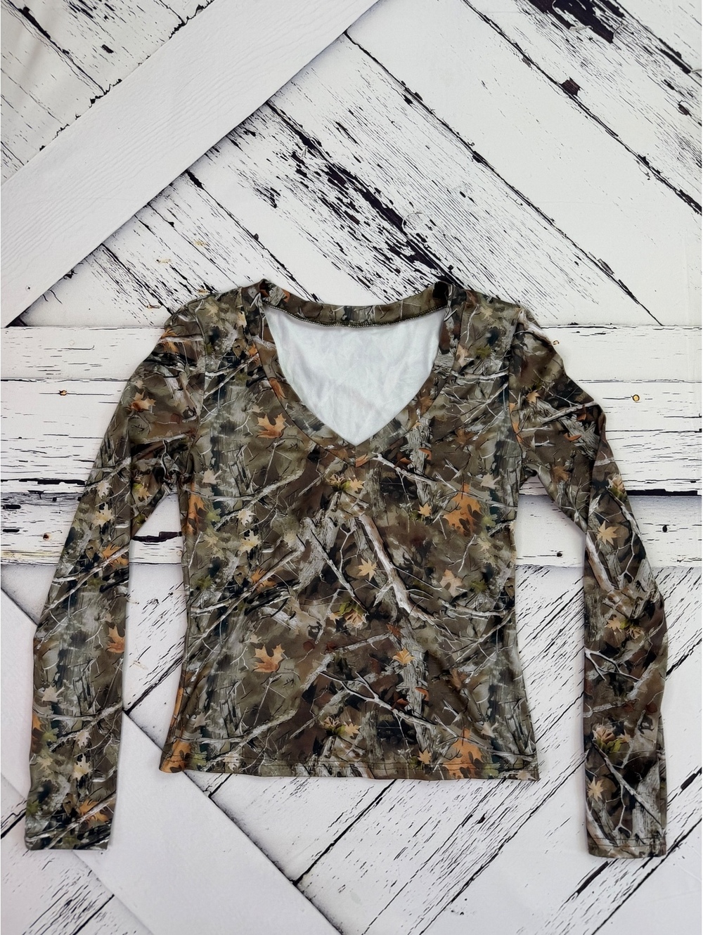 Y2K Camo Grunge Fairycore V Neck  Long Sleeve Top Earthcore Grunge Women M
